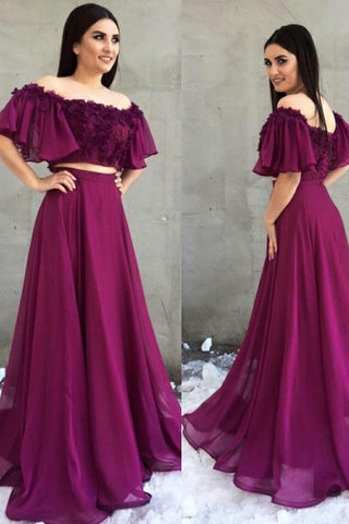 Two Piece A-Line Off the Shoulder Purple Chiffon Prom Dresses with Appliques OKH5
