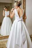 A-Line Jewel V Back Floor-Length Satin Wedding Dress with Beads Bowknot OKR80