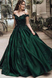 Off Shoulder Dark Green A-line Long Evening Prom Dress, Cheap Sweet 16 Dresses OKG41