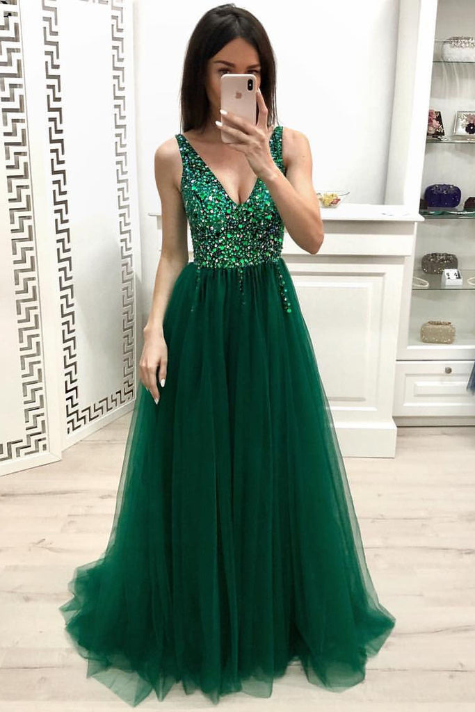 Fashion A Line V Neck Beading Prom Dress, Long Tulle Green Prom Dress OKK24