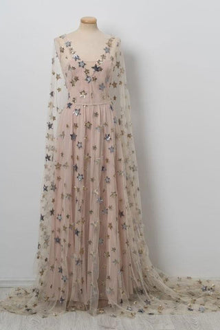 Chic V-neck Floor Length Stars Pink Prom Dresses,Long Evening Dress OKE19
