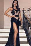 Gorgeous Spaghetti Straps Mermaid Sexy Black Side-Slit Prom Dress OKN8