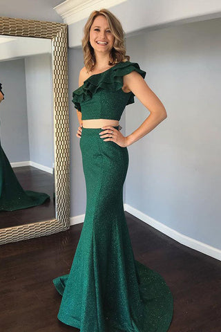 Fashion Two Pieces Mermaid One Shoulde Green Prom Dress With Ruffles OKK69