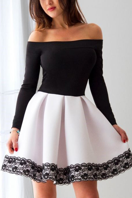 Long Sleeves White and Black A Line Short Prom Dress Cheap Homecoming Dress OKC90
