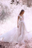 Romantic Ivory Cap Sleeve Tulle Long Bridal Wedding Dress OKM84