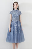 Blue A Line Tulle Cap Sleeves High Neck Homecoming Dress With Lace Appliques OKC6