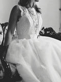 Elegant Off White Lace Appliques A-line Chapel Train Wedding Dress with Sash OKB05