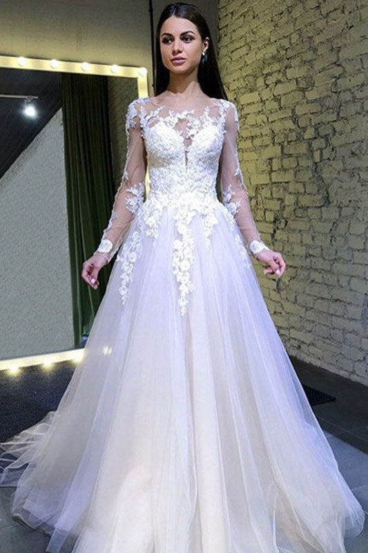 A Line Long Sleeves Round Neck Tulle Lace Appliques Wedding Dress OKP73