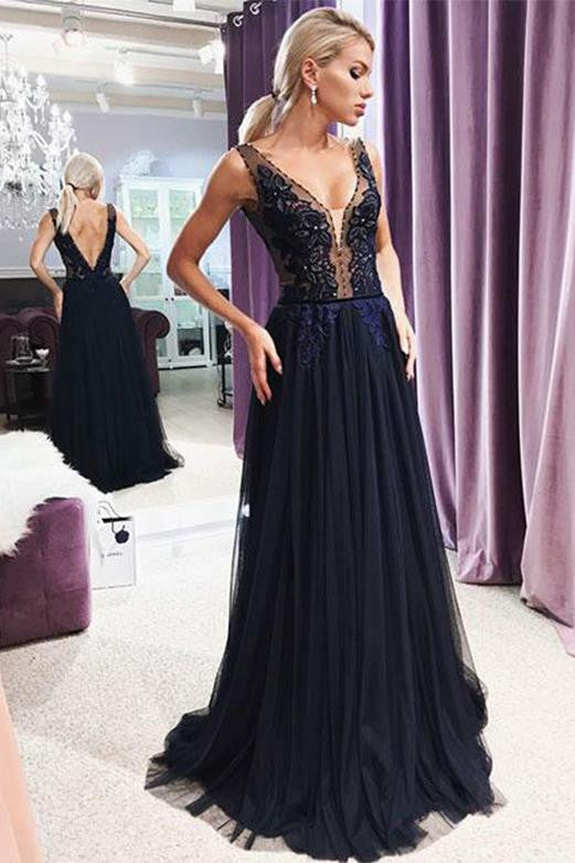 V-Neck Backless Evening Gowns with Appliques Dark Navy Prom Dress OKH31