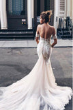 Mermaid Sweetheart Backless Court Train Wedding Dress with Lace Appliques OKR19