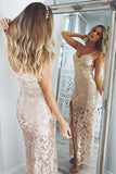 Mermaid Spaghetti Straps Pearl Pink Sequined Split Sexy Prom Dresses OKE86