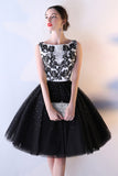 Black Tulle A Line Beading Short Bateau Homecoming Dresses With Lace Top OKC7