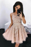 Modest A-Line Round Neck Short Tulle Homecoming Dresses with Beading OKB36