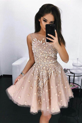 Modest A-Line Round Neck Short Tulle Homecoming Dresses with Beading OKB36