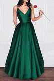 Charming A Line V Neck Satin Spaghetti Straps Long Prom Dresses,Girls Graduation Dresses OKB29