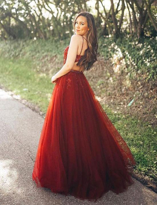 Red Tulle A Line V Neck Spaghetti Straps Appliques Long Prom Dresses OK962