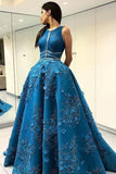 Unique Applique Formal A Line Blue Long Cheap Prom Dress OKF96