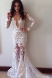 Sexy Wedding Dress,Sexy Sheath Lace Wedding Dresses Bridal Gown with Court Train Deep V-neck Long Sleeves , Floor-length Bridal Dresses,Long Ceremony Dress,Fashion Prom Dress,Wedding Guest Prom Gowns, Formal Occasion Dresses,Formal Dress