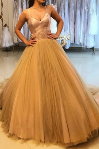 Pretty A-Line Spaghetti Straps Tulle Gold Long Prom Dress OKH7