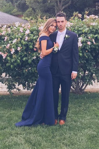 Elegant Prom Dresses,Navy Blue Prom Gown,Off the Shoulder Prom Dress,Mermaid Prom Dress