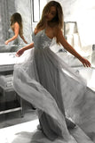 Charming Spaghetti Straps Grey A Line Tulle Long Prom Dresses OKP69