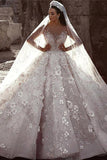 Luxurious Long Sleeves Flowers Ball Gowns Wedding Dress, Bridal Dresses OKQ25