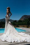 Charming V-Neck Sleeveless Mermaid Backless Lace Pocket Wedding Dresses With Court Train OK598