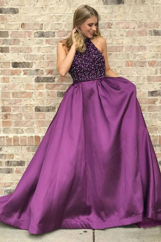 Halter Purple Long Satin Prom Dress Beaded Junior Evening Gown New OKI6