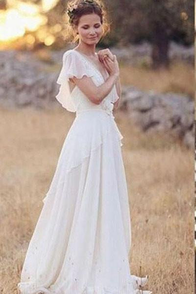 Charming A-Line Ivory  V-Neck Chiffon Wedding Dress,Cheap Bridal Dress OKJ5