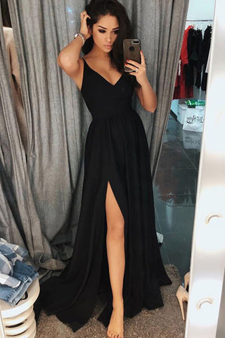 Simple A Line Spaghetti Straps Floor Length Black Prom Dress with Split OKD96