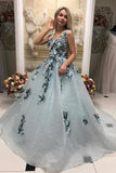 A Line V Neck Long Prom Gowns With Appliques Formal Evening Dress OKL31