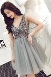 A Line V Neck Sparkle Short Grey Backless Homecoming Dress Party Dress OKN97