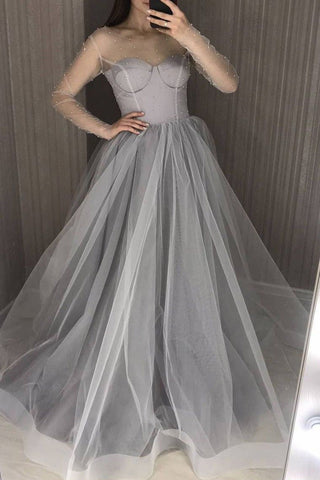 A Line Grey Long Sleeves Pearls Prom Dress Tulle Long Evening Dress OK1380