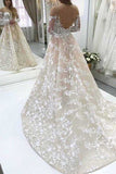 Elegant A-Line Illusion Beteau Long Sleeves Ivory Lace Wedding Dresses OKB60