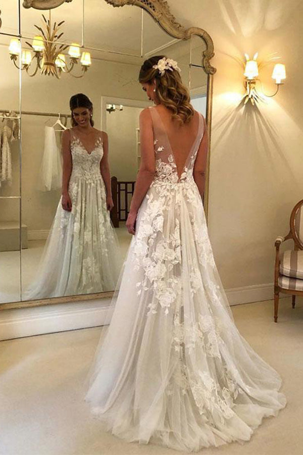 Elegant A line V-neck Tulle Floor Length Wedding Dresses With Lace Appliques OKC94