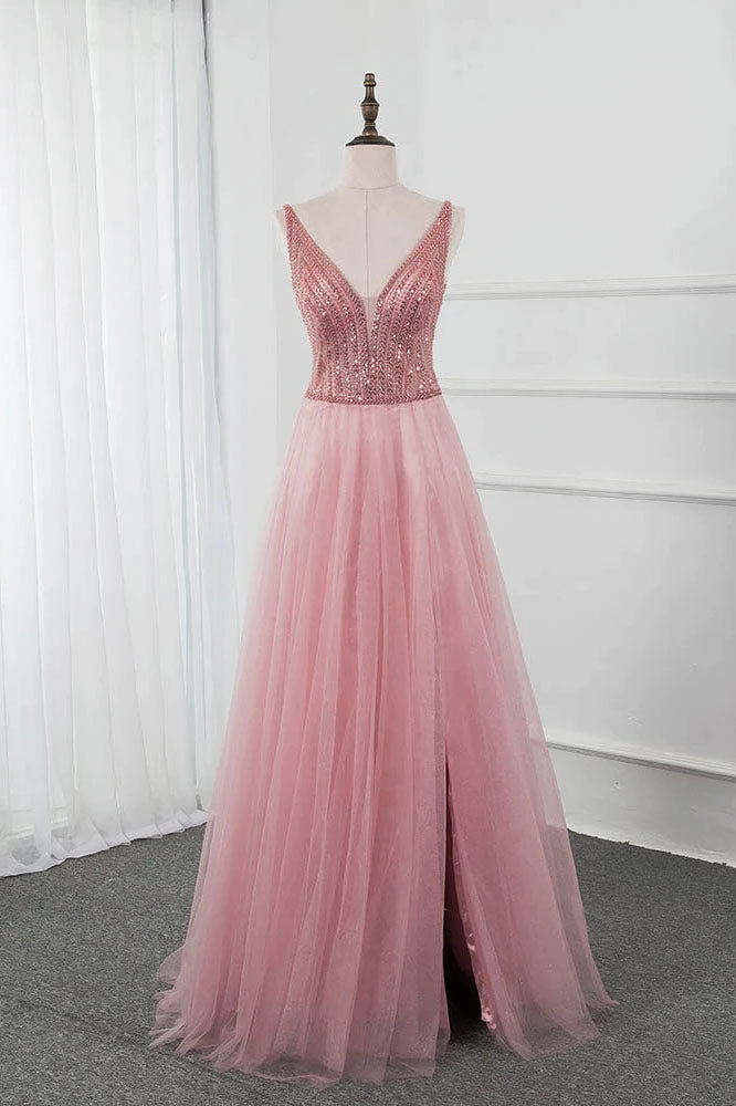 Pink Split Long Prom Dress Beading Sequined Tulle V Neck Sleeveless Party Gown OKW73