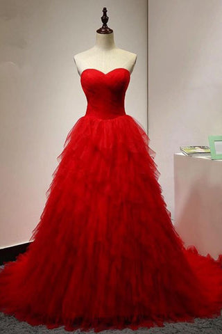 Chic Sweetheart A Line Zipper Back Red Ruffles Cheap Long Prom Dresses OKG22