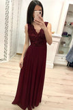 Burgundy Chiffon Lace Appliques Prom Dress, Long Cheap Prom Gown OKK30