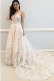 A-Line Spaghetti Straps Off White Wedding Dresses with Appliques OKK39