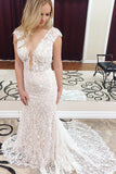 Mermaid Deep V-Neck Cap Sleeves Lace Elegant Wedding Dresses OKK41