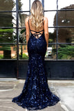 Mermaid Spaghetti Straps Lace Backless Navy Blue Prom Dresses OKJ31