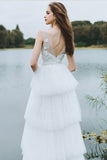 Unique Tiered Tulle Low Back V Beck Boho Beach Wedding Dresses With Lace Appliques OKG8